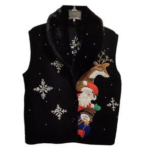 Christmas Sweater Vest Boiled Wool Santa Reindeer Removable Faux Fur Collar